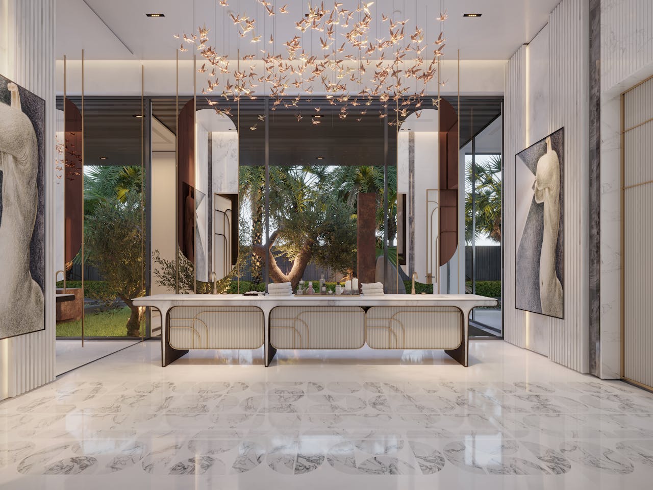 Elegant interior design with marble floors and artistic elements in a luxurious space.