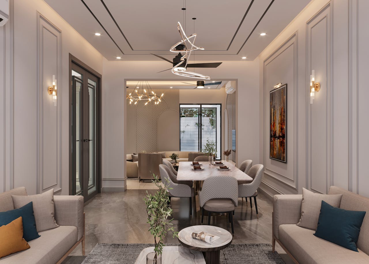 Elegant and modern living room interior in Punjab, featuring stylish decor and lighting.